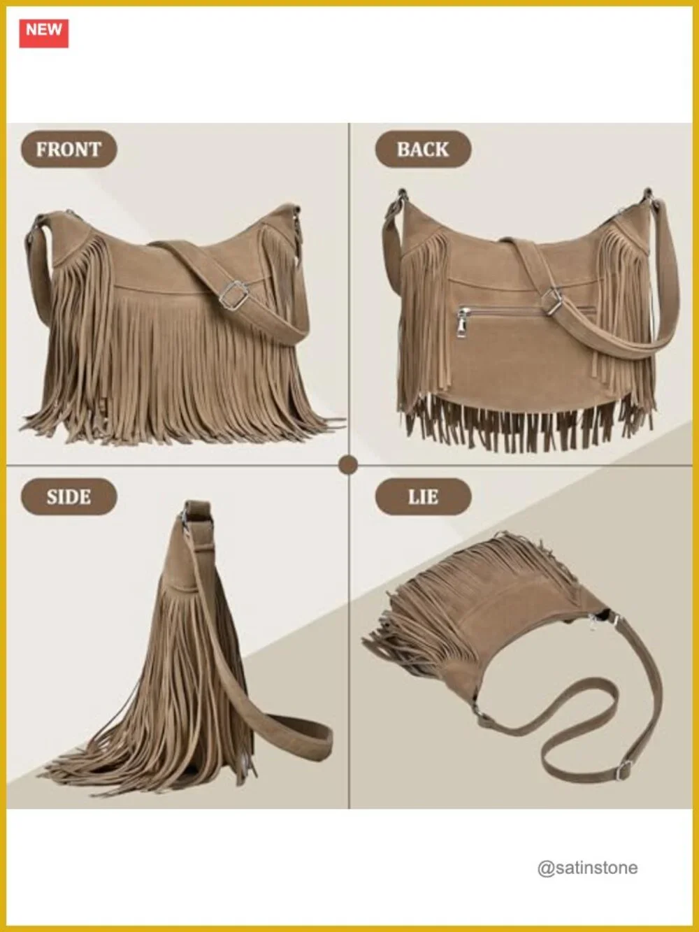 Vegan Suede Hobo Crossbody Bag with Fringe, Adjustable Strap, Multi-Pocket